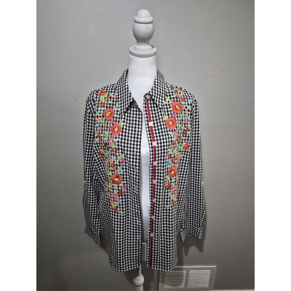 A La Carte Womens Plaid Floral Embroidered Button-Up Shirt Medium Boho Office